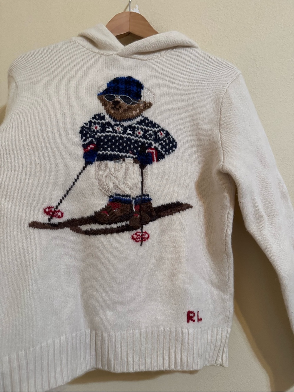 Polo Ralph Lauren Ski Bear Sweater Pullover Knit Hoodie Cream Large - Picture 2 of 11